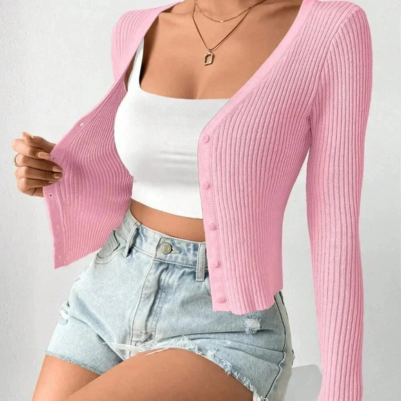 Pink Casual Women's Slim Solid Color Rib Knit Cardigan - Picture 3 of 7